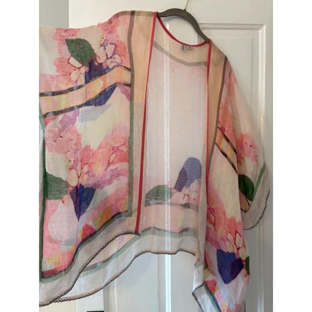 Gauzy 100% Linen Hand Painted-Style Kimono Shawl OS Floral Watercolor Light Pink - Picture 2 of 14